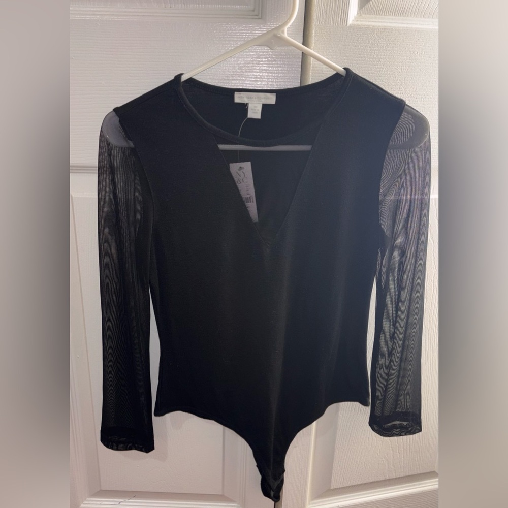 New York & Company Black Bodysuit with Sheer Sleeves